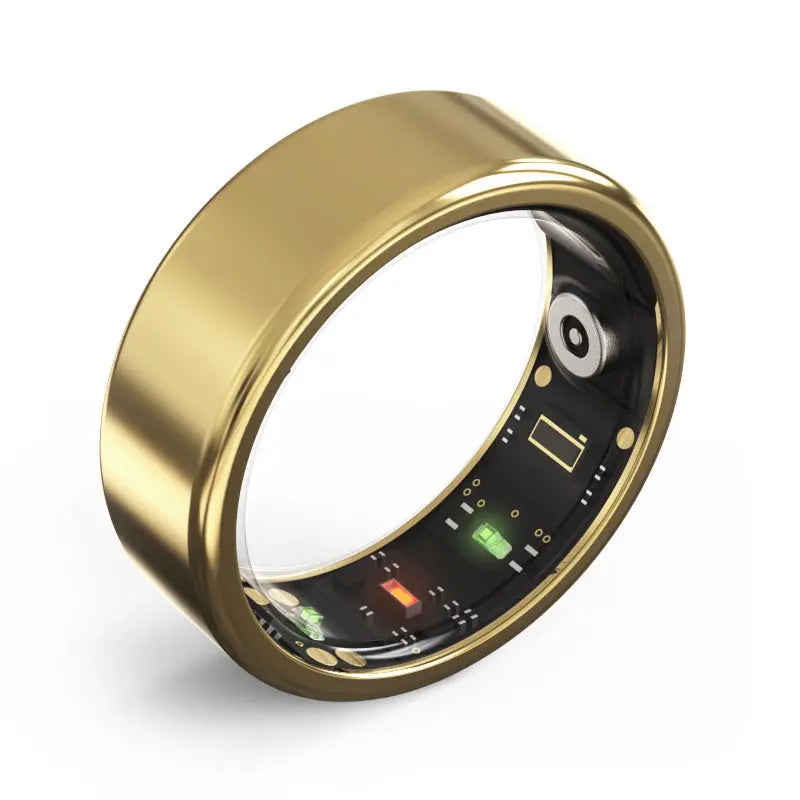 The Smart Heart Ring, shown at an angle, reveals its inner electronic components, including small sensors and lights embedded inside the band for heart rate tracking.