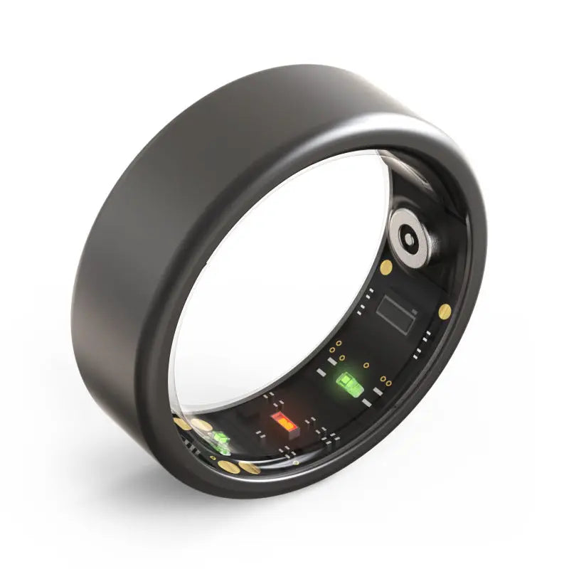 The Smart Heart Ring, shown upright in black, reveals its inner side with visible electronic components, sensors, and LED lights embedded along the band for heart rate tracking and sleep monitoring.